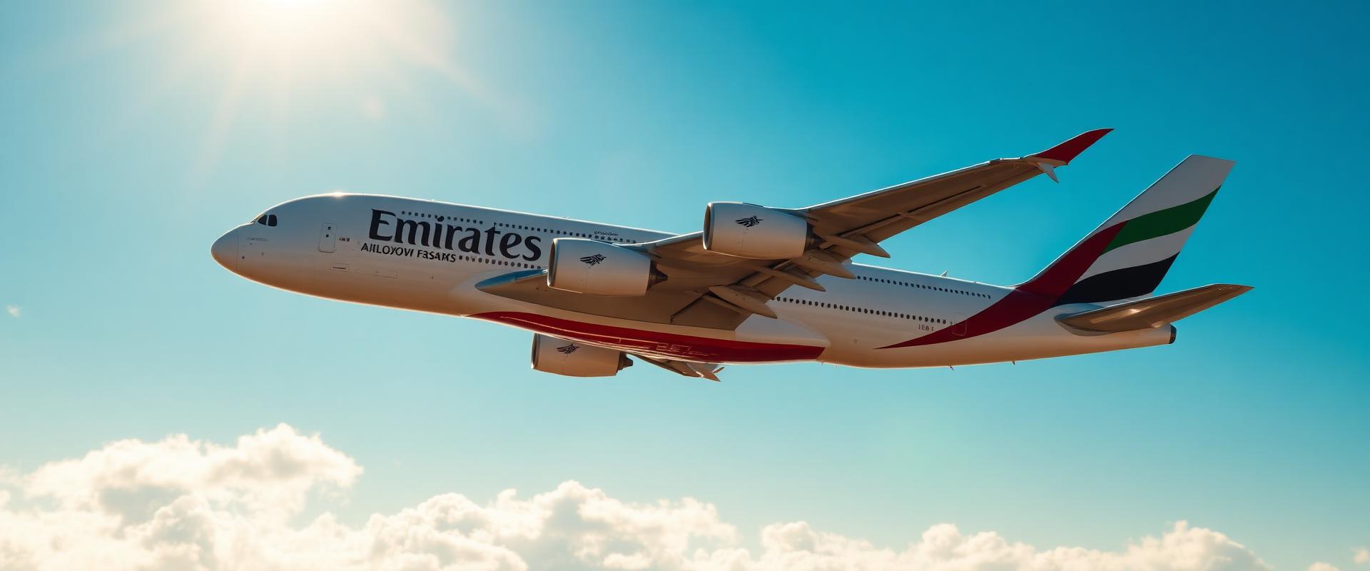 Emirates aircraft soaring through clear blue sky