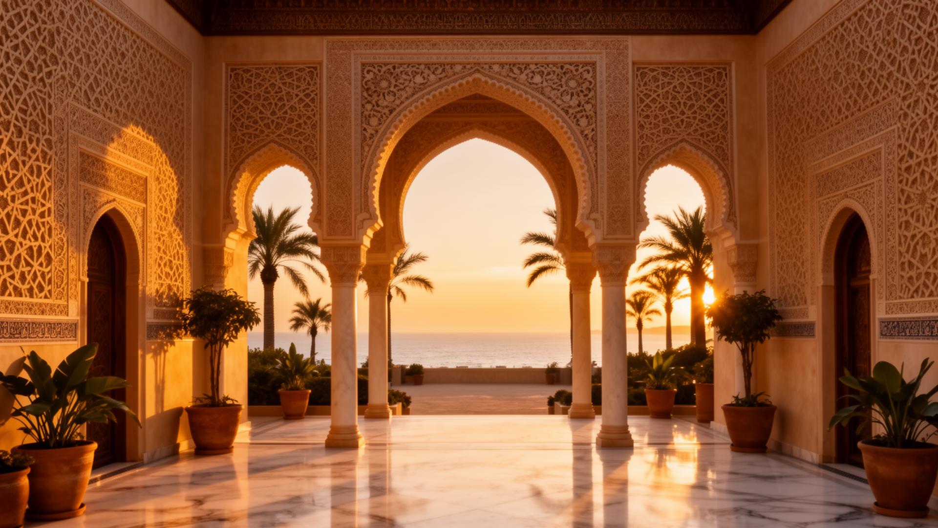 Moorish archway courtyard at golden hour overlooking the sea